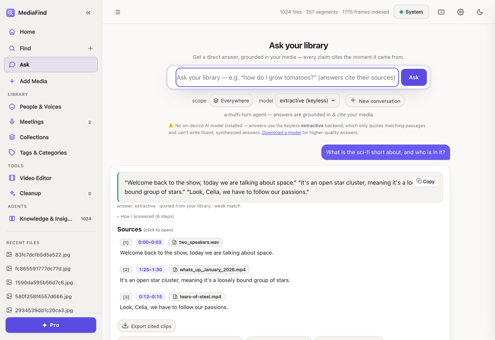 The Ask workspace answering a question about a video. The answer quotes the library and lists numbered sources, each with a clip name and a clickable timestamp, plus an 'Export cited clips' button.