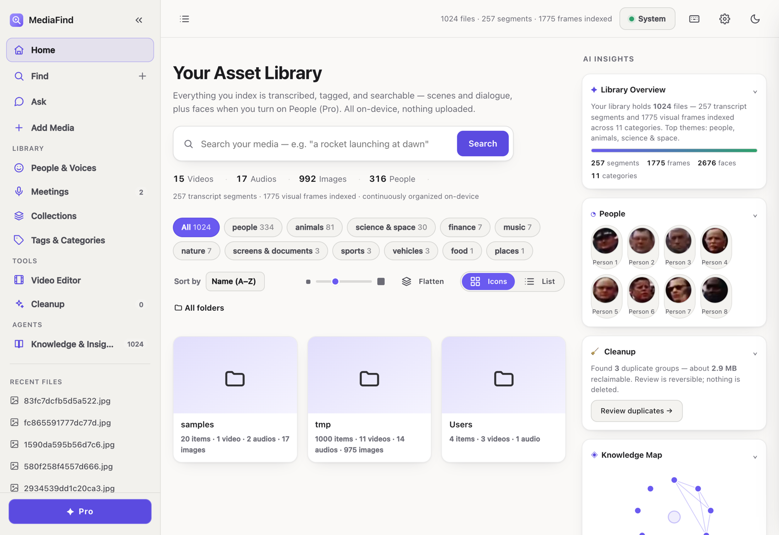 The MediaFind home screen showing an Asset Library: a search box, file and people counts, category chips, a People panel, and an AI Insights rail with a library overview.