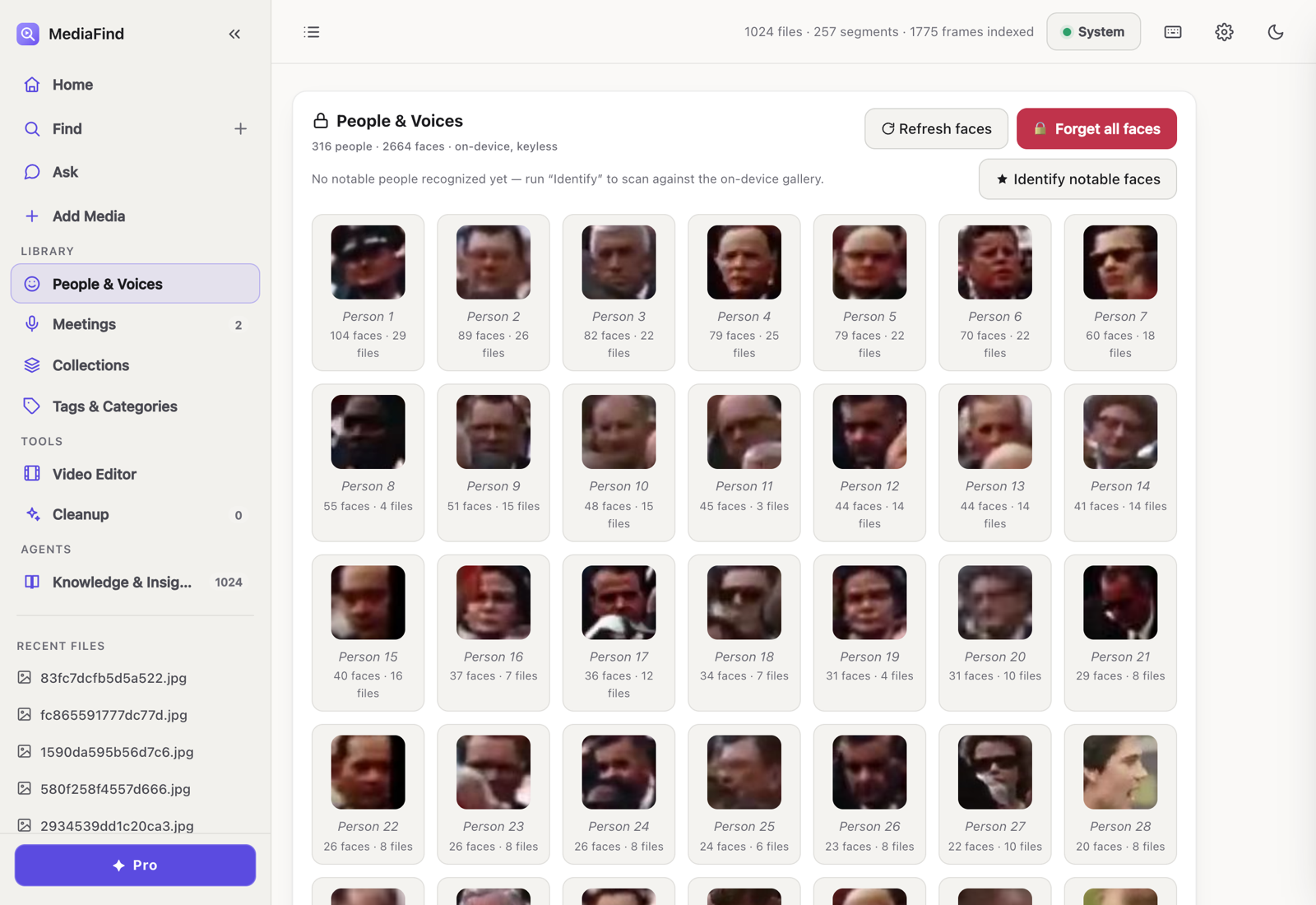 The People & Voices view: a grid of clustered faces, each with a face count and the number of files it appears in, plus buttons to refresh faces, forget all faces, and identify notable people.