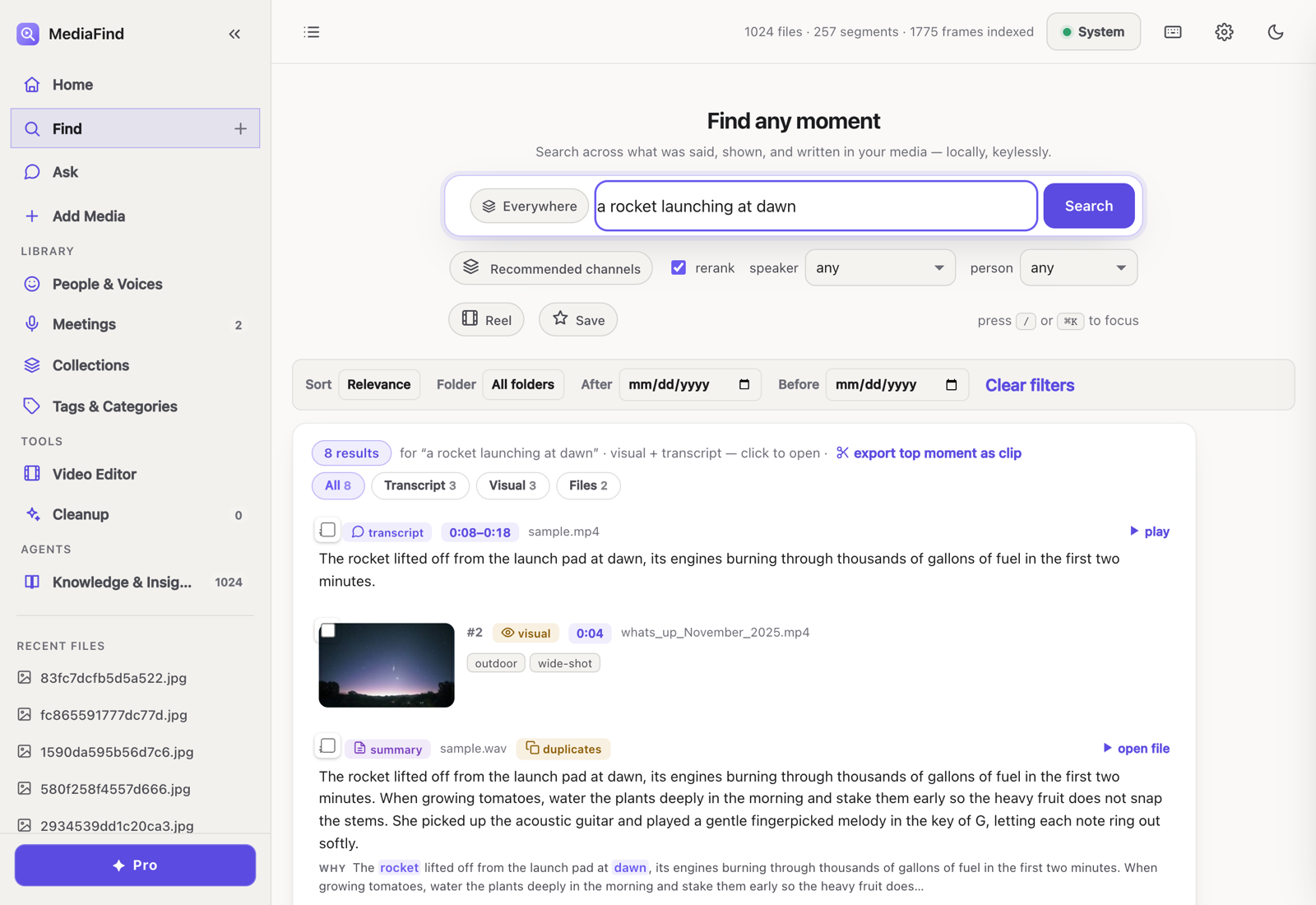The Find workspace: a query 'a rocket launching at dawn' returns ranked moments grouped into transcript, visual and file hits, each with an exact timestamp and a play link.